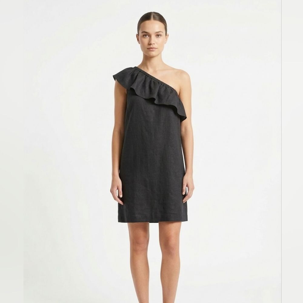 J. Crew Dress Womens M Black Linen One Shoulder Ruffle Asymmetric Mini Midi NWT